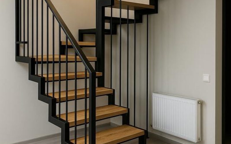 Escalera metálica de interior con peldaños de madera y estructura negra
