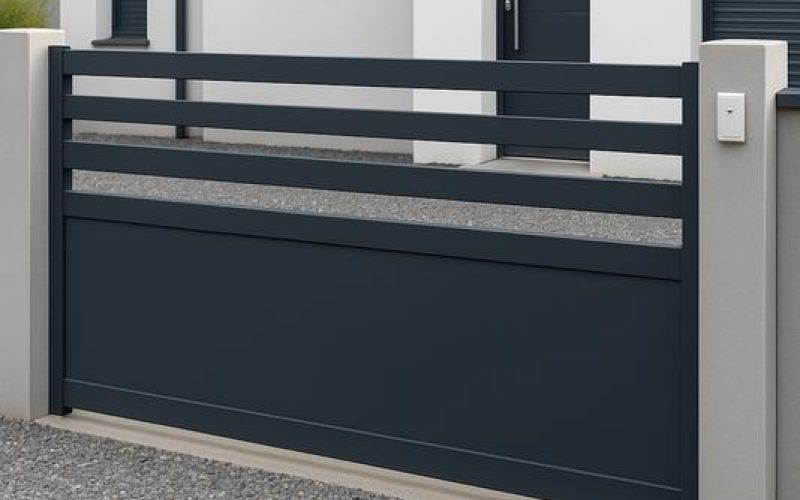 Puerta corredera metálica gris con puerta peatonal integrada